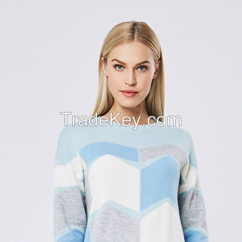 Wholesale Custom Handmade Autumn Crew Neck Wool Ladies Women Woolen Intarsia Jacquard Knit Sweater