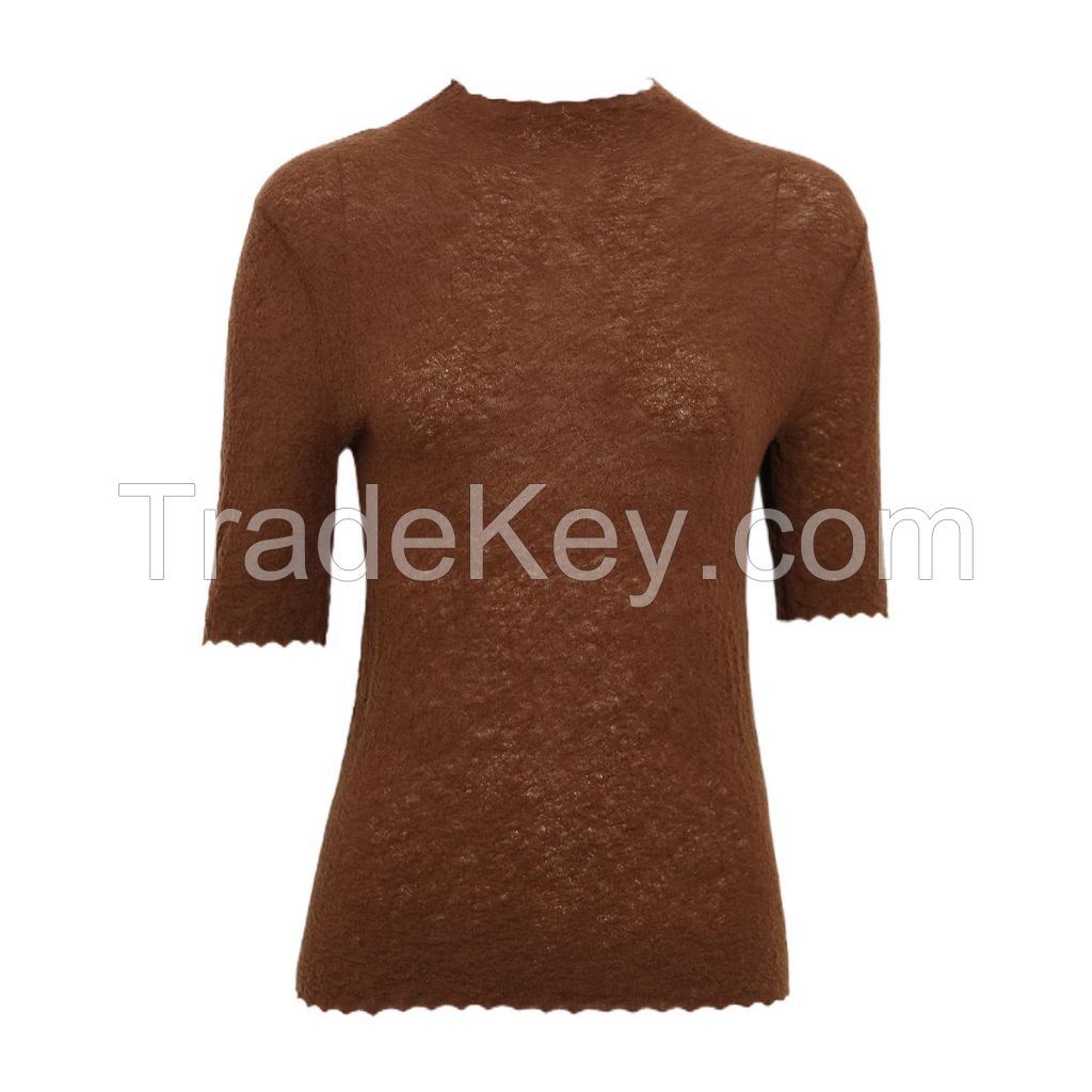 OEM Elegant Chic Fine Knit 14G Rib Merinowool Knit Top Short Sleeve Basic Sweater Pullover