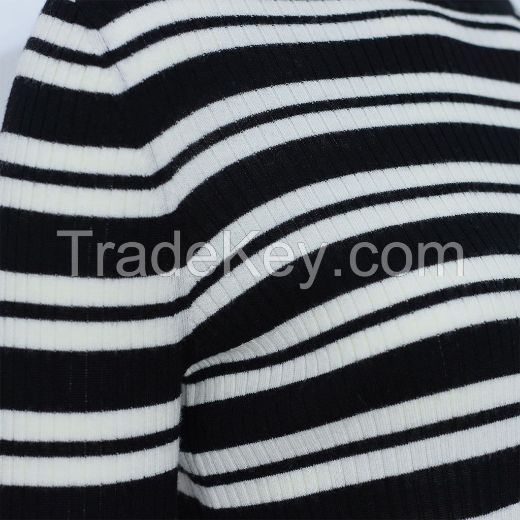 Factory direct sales Fine Knit 14G Rib Striped 100% Sheep Wool Knit Top Long Sleeve Basic Sweater Pullover