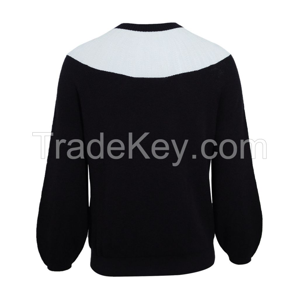 women&amp;amp;#039;s sweater Loose Contrast Trim Mesh Sheer Lantern Sleeve Seamless Cashmere Sweater Pullover