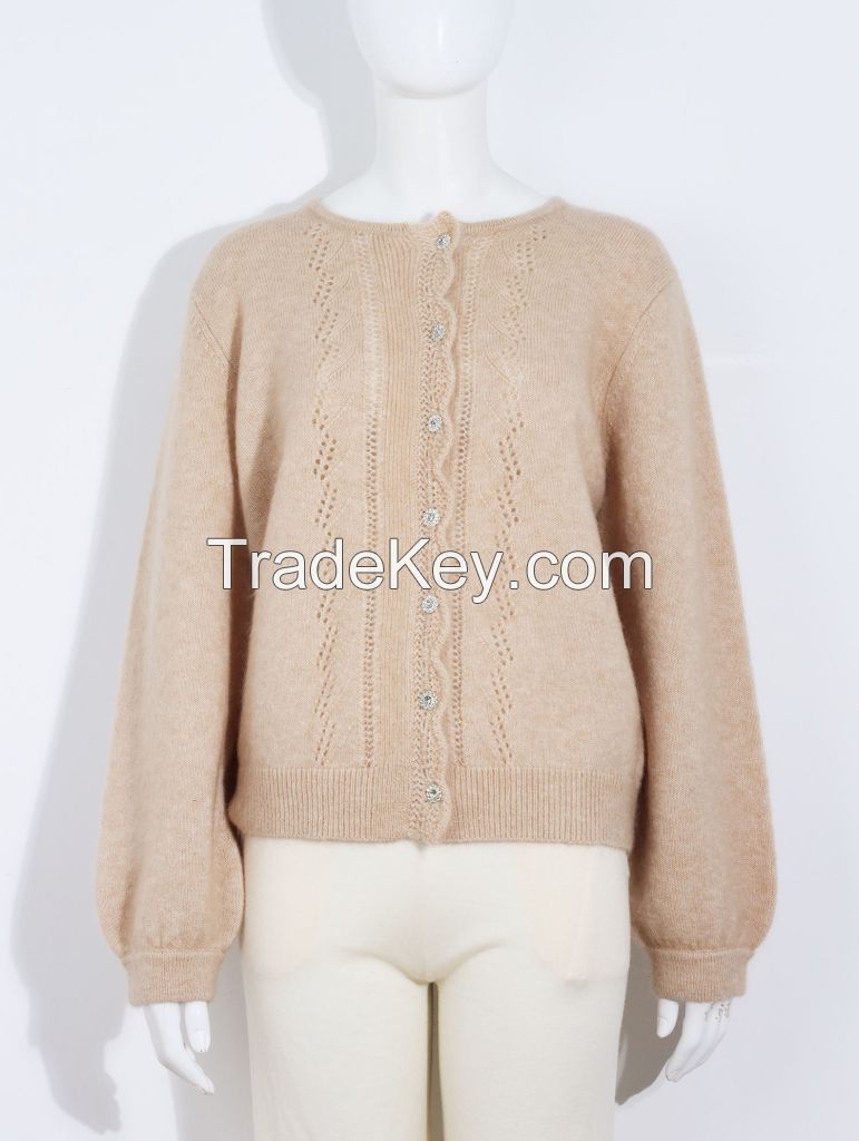 Guoou New Elegant Oversized Button Hollowed Out Cutout Women Wool Knitwear Long Sleeve Crew Neck Knit Mohair Sweater Cardigan