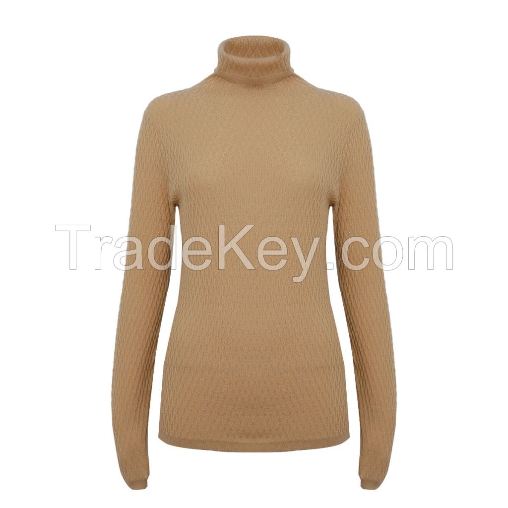 OEM Ladies Innerwear16G 3D Diamond Fine Knit Jacquard Long Sleeve Lurex Turtleneck Women Wool Basic Sweater