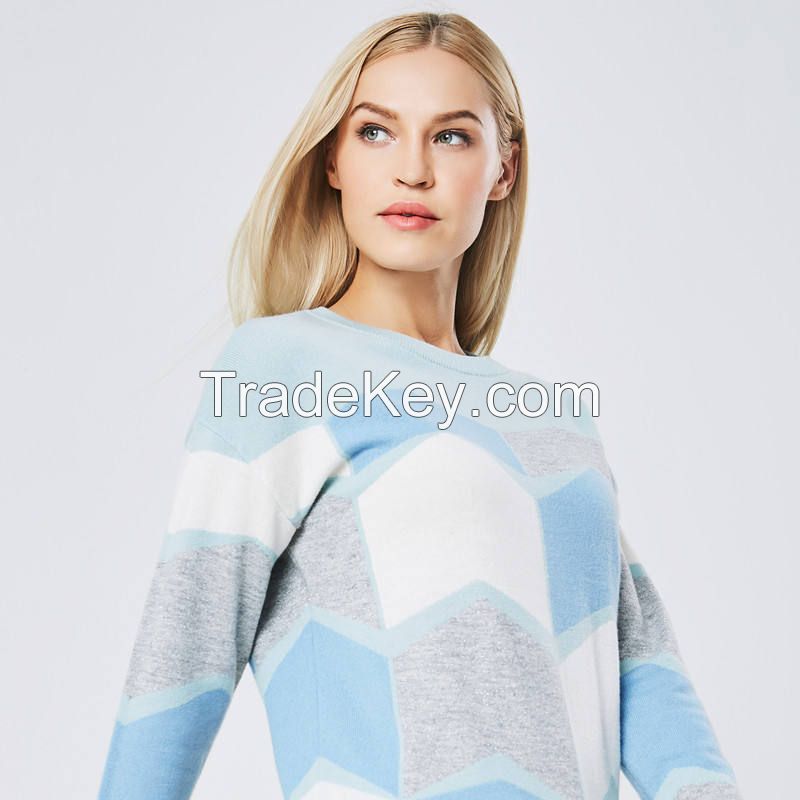 Wholesale Custom Handmade Autumn Crew Neck Wool Ladies Women Woolen Intarsia Jacquard Knit Sweater