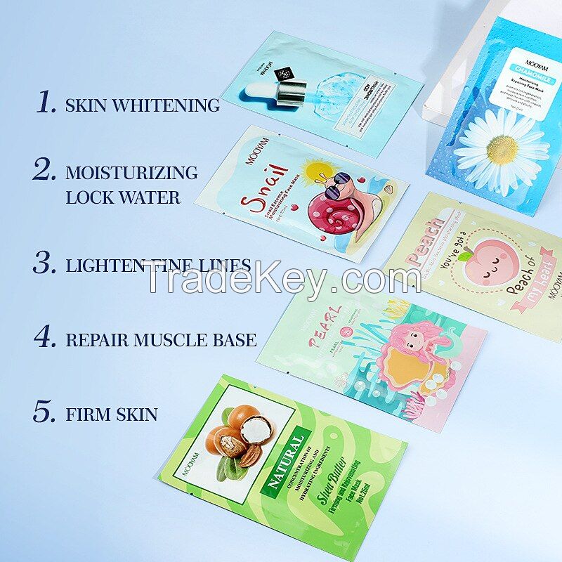 Water Peach Pearl Snail Full Face Facial Mask Sheet Moisturizing Shea Butter Oil Chamomile Hyaluronic Acid Korean Face Mask