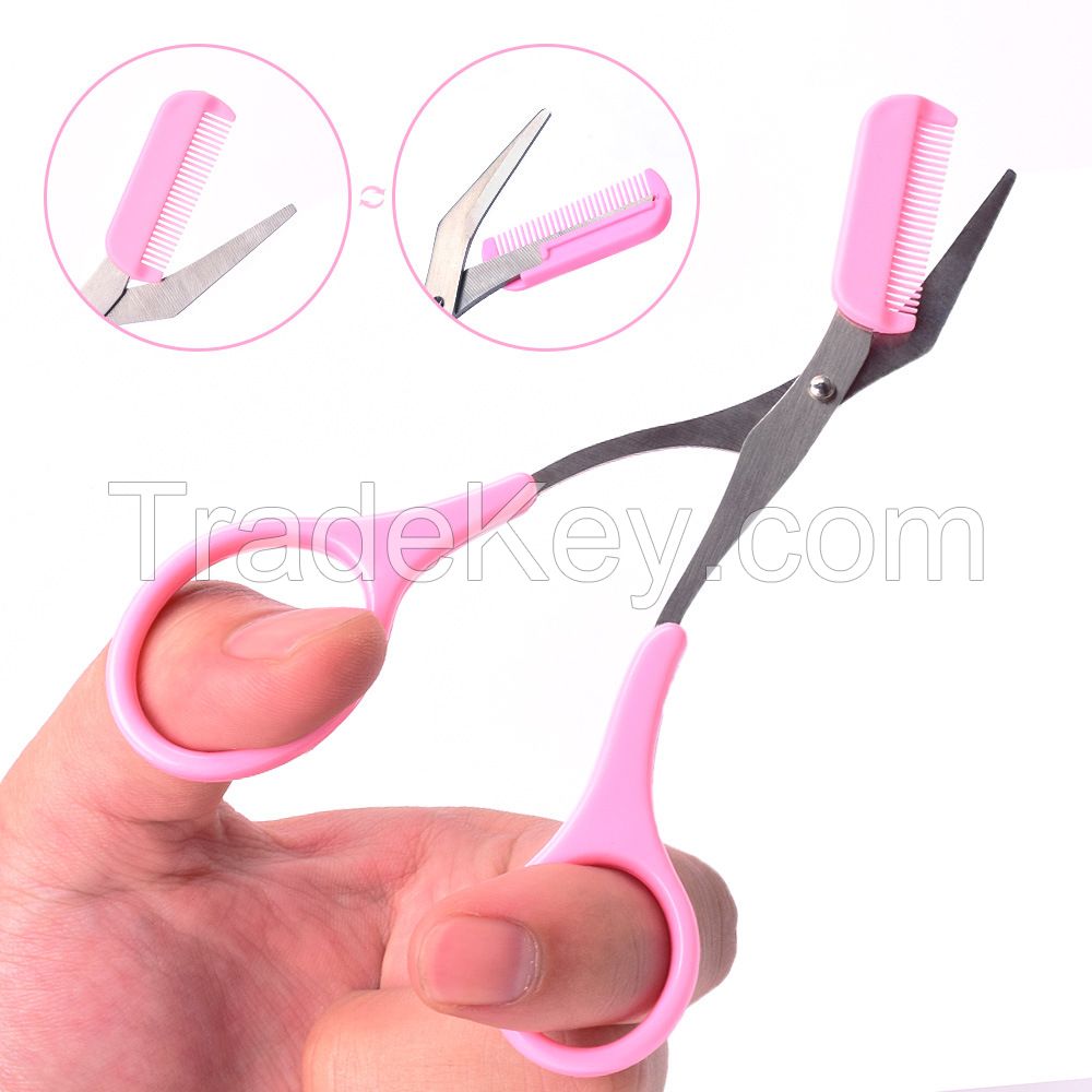 Pink Professional Eyelash Makeup Scissors Stainless Steel Eyebrow Trimming Scissors with Comb