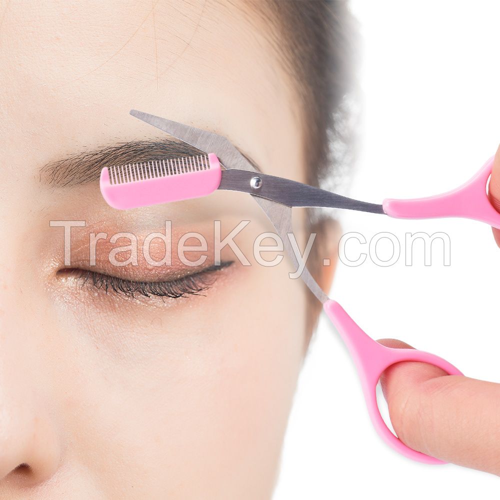 Pink Professional Eyelash Makeup Scissors Stainless Steel Eyebrow Trimming Scissors with Comb