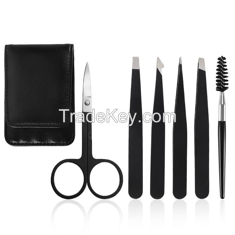 Daily Beauty Tools,Eyebrow Precision Tweezer Set for Women with Curved Scissors for Ingrown Hair with Leather Travel Case