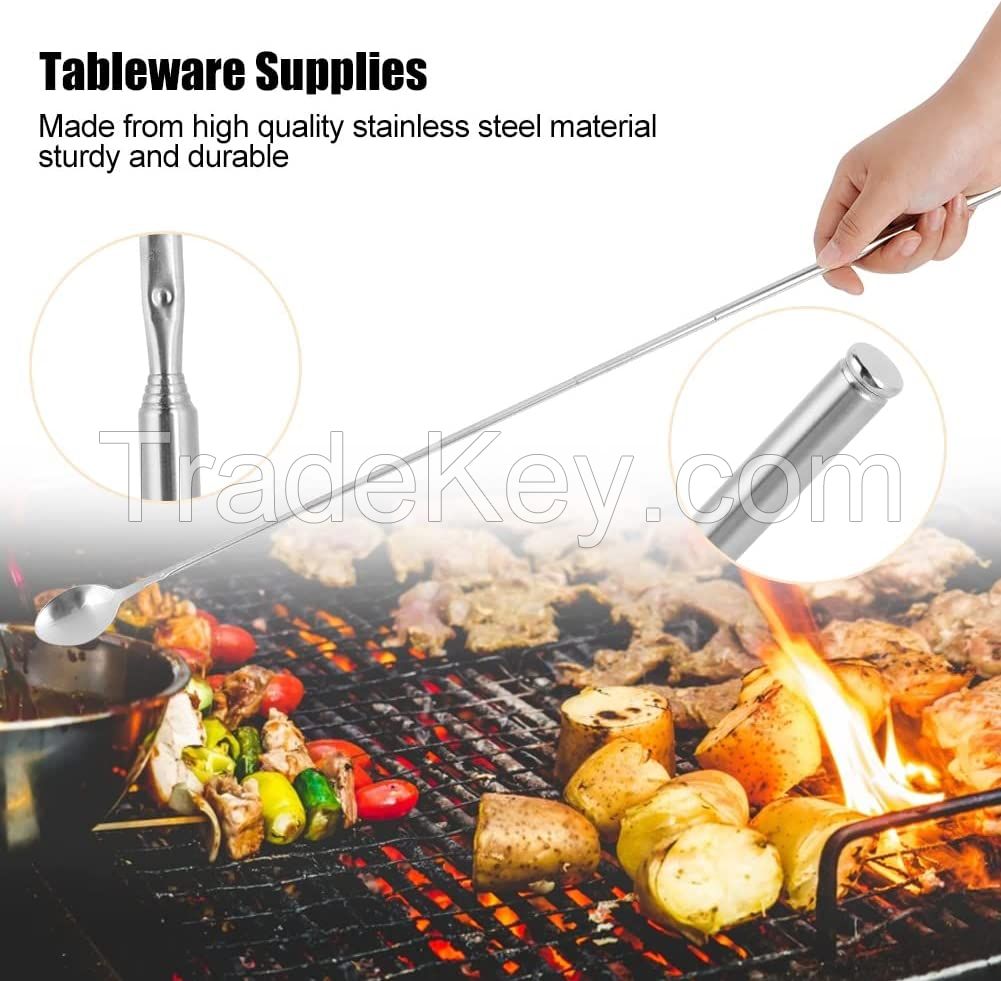 Stainless Steel Dinner Fork,BBQ Telescopic Extendable Dinner Fruit Dessert Long Handle Fork Stainless Steel Cutlery