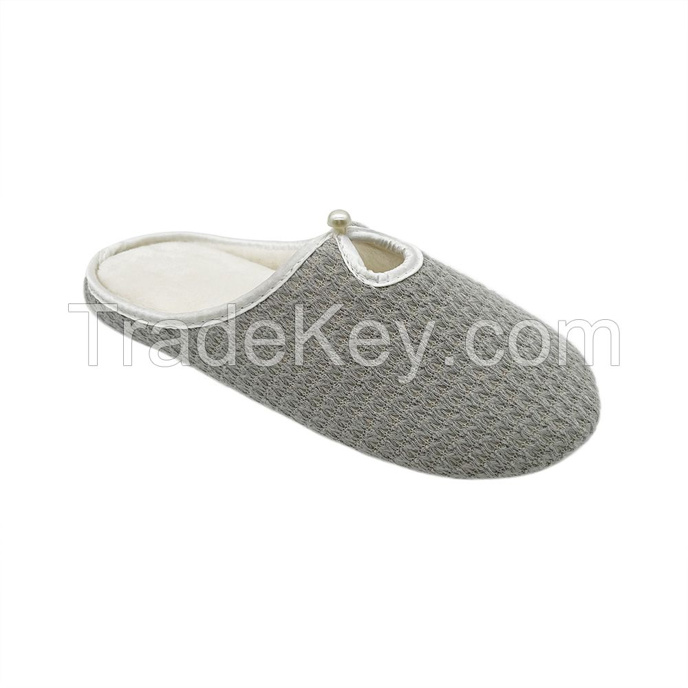 High quality Stylish pearl decoration Spring cotton Soft Slip-on Non-slip Casual Breathable Fabric Home Indoor Slippers