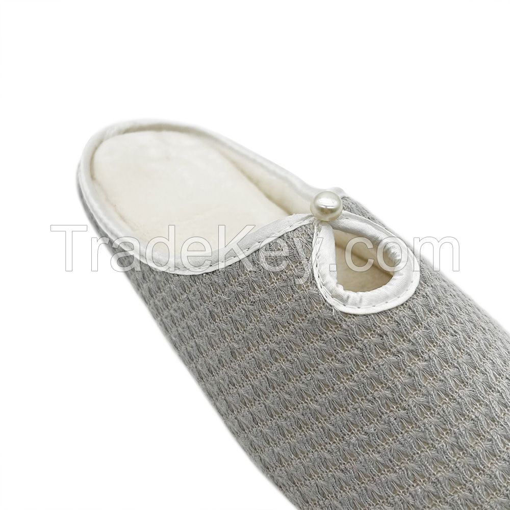 High quality Stylish pearl decoration Spring cotton Soft Slip-on Non-slip Casual Breathable Fabric Home Indoor Slippers