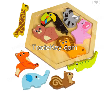 Hot Selling Wood Animals Puzzle children Kids Learning Montessori Educational Toys Wooden 3D Jigsaw Puzzle