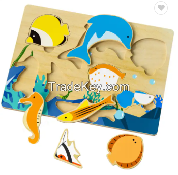 Hot Selling 8 Pieces Colorful Wooden Sea Creature Jigsaw Puzzle Kids Wooden Early Educational Cognative Toys