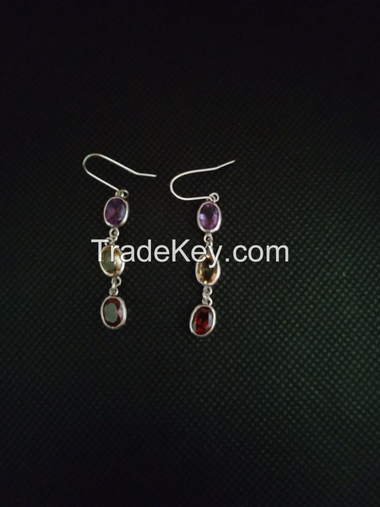 925 silver Earring studded with multicoloured natural gemstones Garnet . Amethyst . Citrine