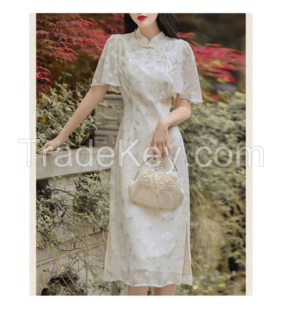 Yinzhuo&#039;s elegant summer tide product with broken buckle and lotus leaf sleeves improved dress for women&#039;s cheongsam.