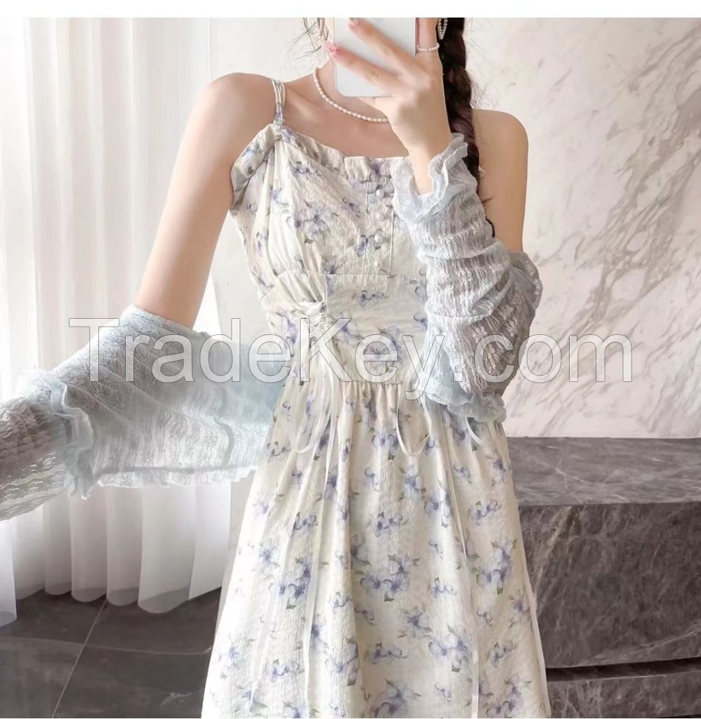 Summer 2023 new gentle wind thin floral suspender dress+Joker lace long sleeve cardigan suit female