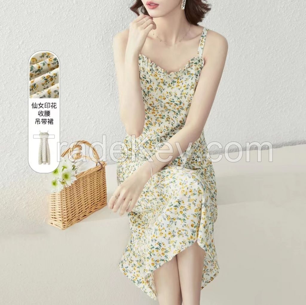 &amp;amp;amp;amp;quot;French romantic ruffled skirt with suspenders&amp;amp;amp;amp;quot; Xia Xiaohuang floral waist slim dress