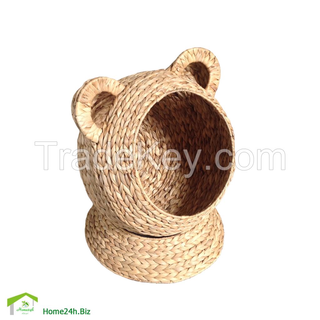 Water Hyacinth Wicker Bear Ears Cat House Pet Bed