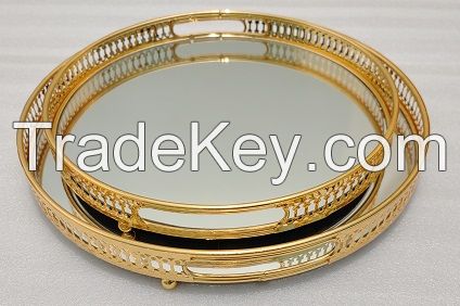 Decorative Gold Round Metal Glass Tray