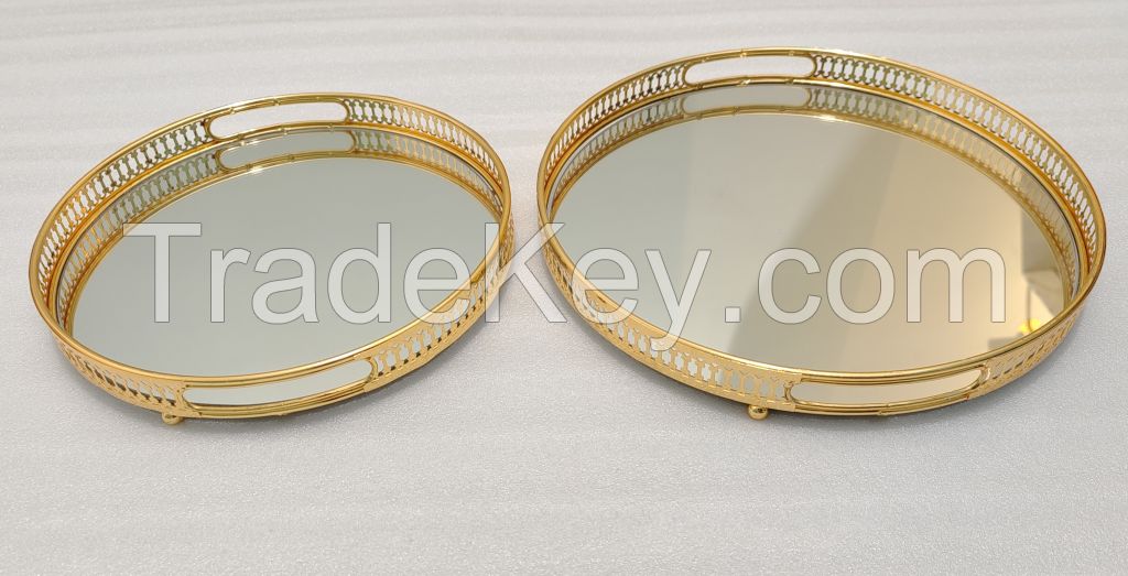 Decorative Gold Round Metal Glass Tray