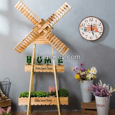 Wooden Windmill Flower Rack Storage Rack Home Creative Furnishings Clo