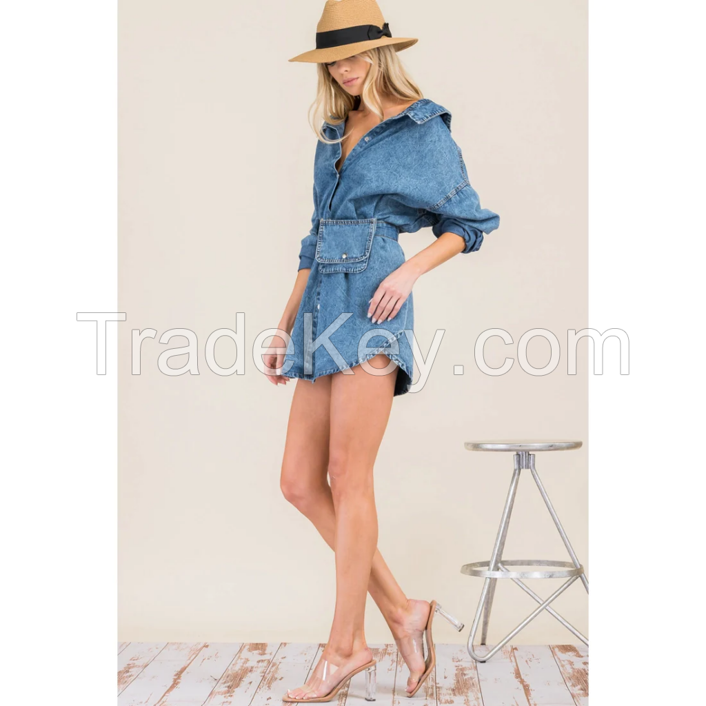 Denim Shirt Dress with Pocket Purse Belt