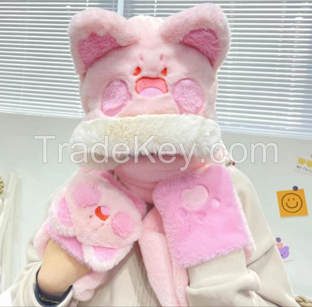 Hat winter blast new female cute Dudu cat plush cartoon ears thickened scarf gloves one body warm