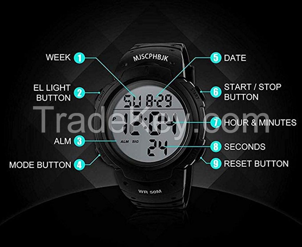 MJSCPHBJK Mens Digital Sports Watch, Waterproof LED Screen Large Face Military Watches and Heavy Duty Electronic Simple Army Watch with Alarm