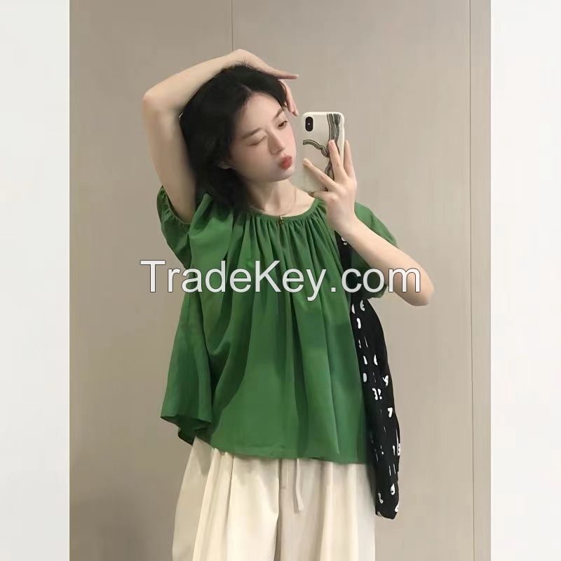 Korean Version Of Green Plaid Pleated Waist Thin Bubble Sleeve Doll Sh