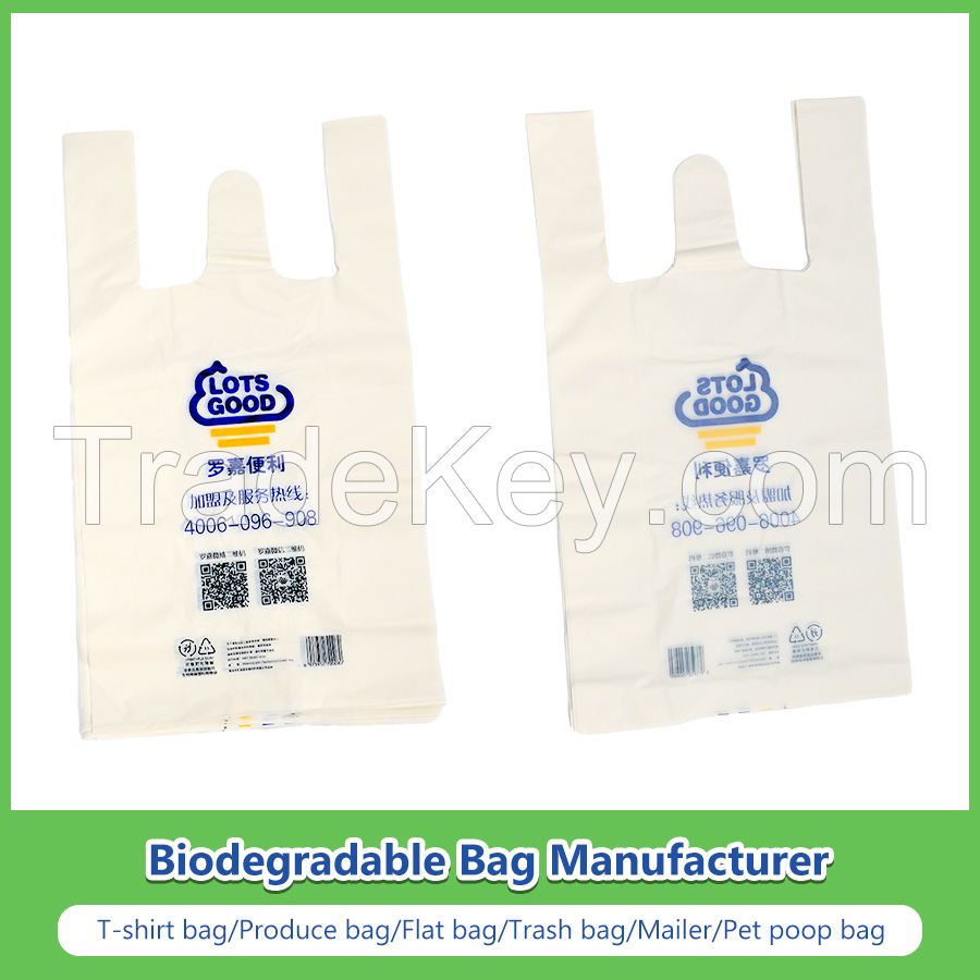 100% Biodegradable Bags Compostable T-Shirt Bags Hand Bags Bioplastic Vest Carrier Bags PLA Pbat Corn Starch Shopping Bags with Ok Compost Home/Industrial