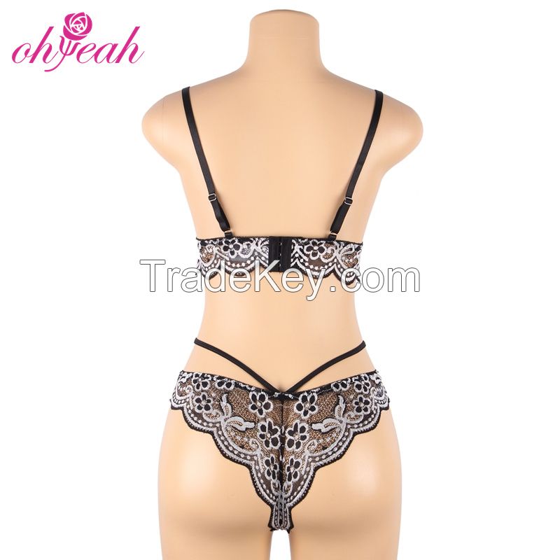 R81047 Wholesale Price Women Floral Lace Strappy Bra and Panties Lingerie Underwear Set