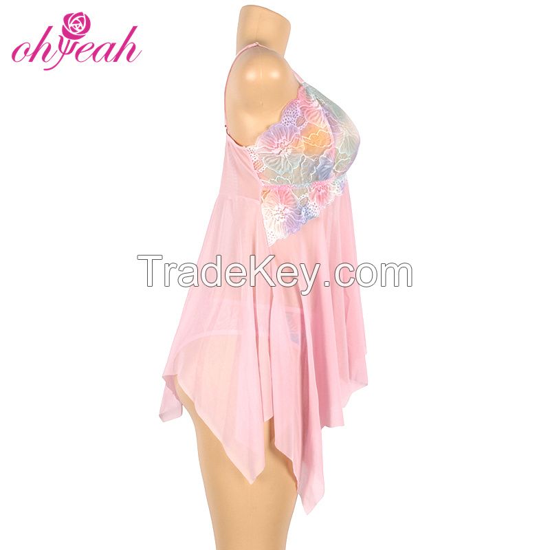 R81128 Wholesale 4 Color Erotic New Pink Flower Decoration Loose Lingerie-Babydoll