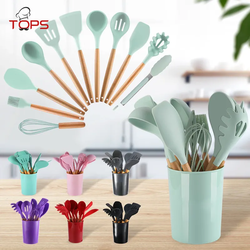 12 Pieces In 1 Set Silicone Kitchen Accessories Cooking Tools Kitchenware Silicone Kitchen Utensils With Wooden Handles