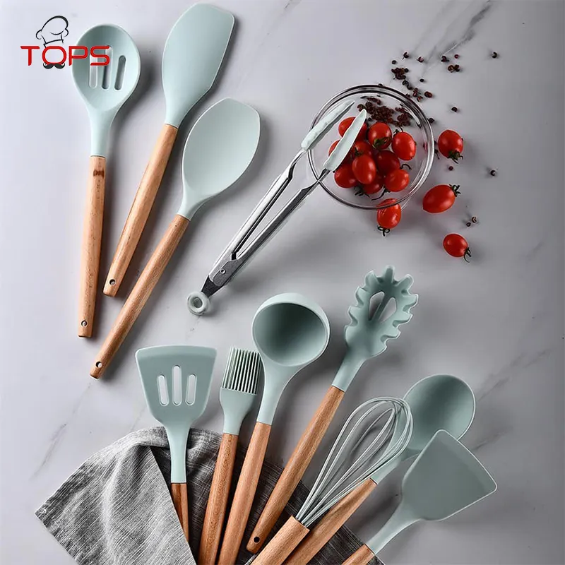 12 Pieces In 1 Set Silicone Kitchen Accessories Cooking Tools Kitchenware Silicone Kitchen Utensils With Wooden Handles