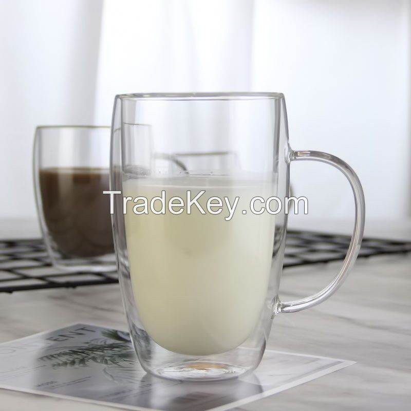 High Borosilicate Double Wall Glass Coffee Cup Mug With Glass Handle