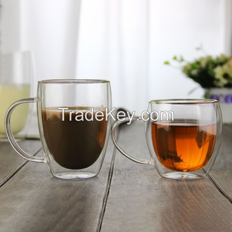 High Borosilicate Double Wall Glass Coffee Cup Mug With Glass Handle