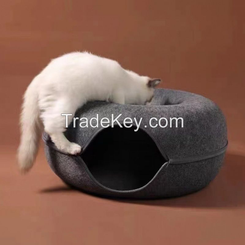 Wholesale Detachable Design Round Felt Cat Cave Donut Bed Pet House With Circle Tunnel