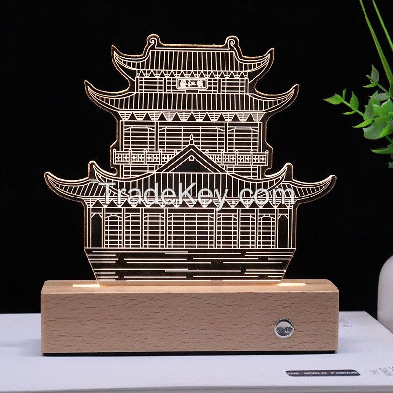 Wooden base with Acrylic rechargeable visual three-dimensional 3D night light landmark building city impression commemorative gift light