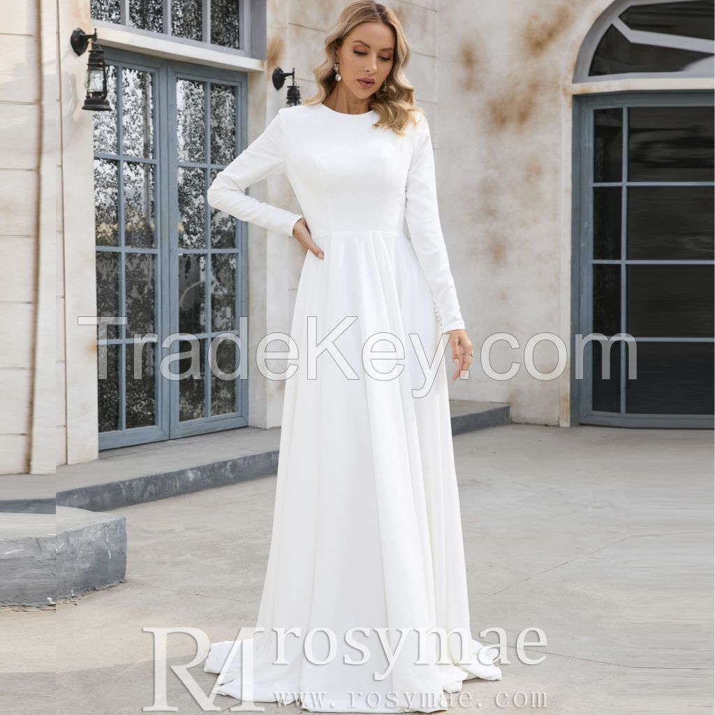 Fashion Long Sleeves Crew Neck Lace Muslim Bridal Gown Wedding Dresses