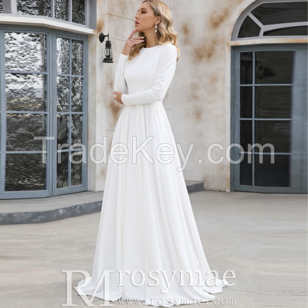 Fashion Long Sleeves Crew Neck Lace Muslim Bridal Gown Wedding Dresses