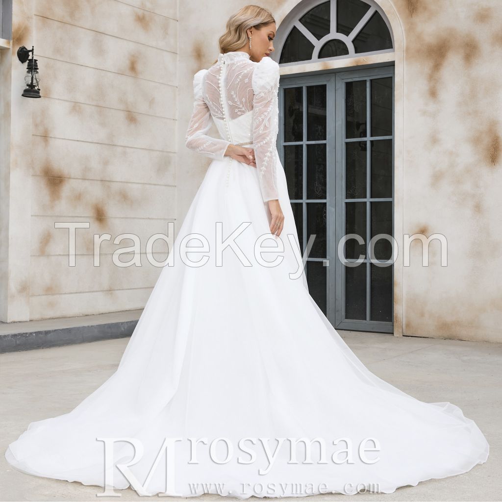 Puffy Long Sleeves High Neck Lace Muslim Bridal Gown Wedding Dresses