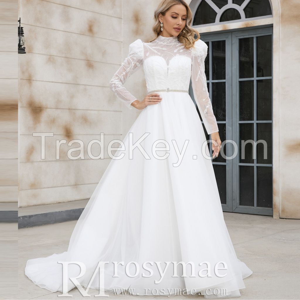 Puffy Long Sleeves High Neck Lace Muslim Bridal Gown Wedding Dresses