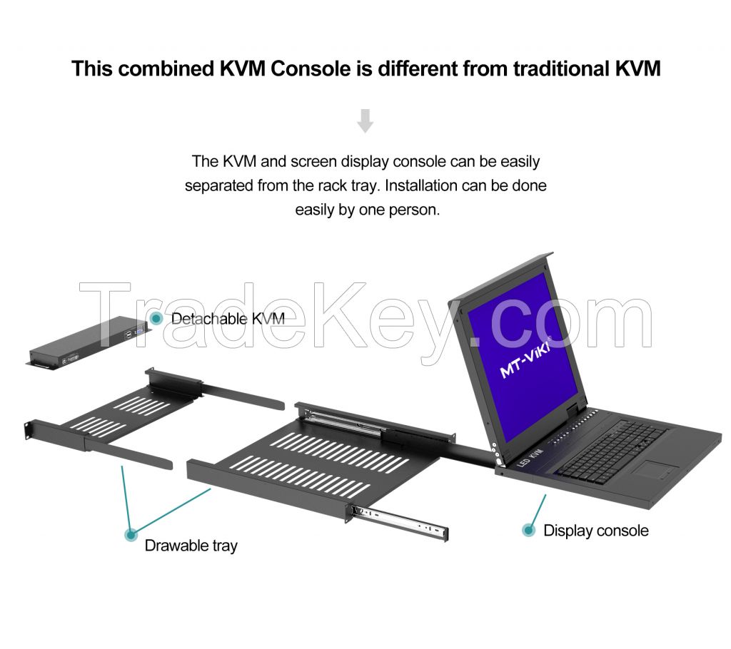 LCD KVM Switch VGA 8 Port 17 Inch, MT-VIKI OSD Hotkey Rackmount KVM Console Drawer 8x1, 17&quot; LCD KVM Switch