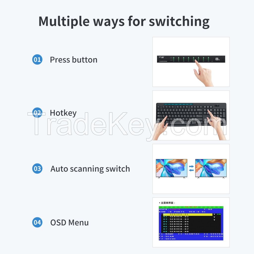 8 Port KVM Switch VGA, MT-VIKI 8 Port Industrial-grade KVM Console 8x1 + 8-pack USB VGA Cable Support OSD Hotkey