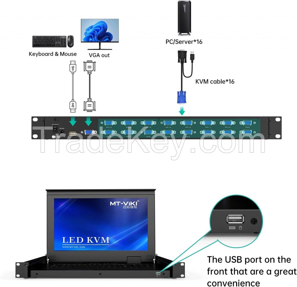 15.6" LCD KVM Switch 16 Port VGA + 16 Cables, MT-VIKI 15.6 Inch 1U Rackmount LCD KVM Switch Drawer Console 16x1