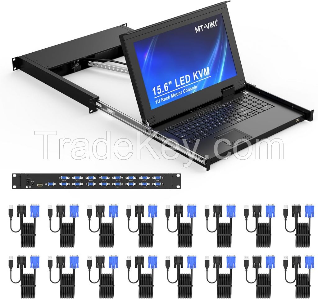 15.6" LCD KVM Switch 16 Port VGA + 16 Cables, MT-VIKI 15.6 Inch 1U Rackmount LCD KVM Switch Drawer Console 16x1