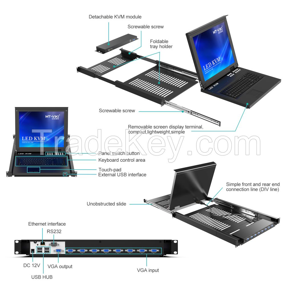 17'' LED IP KVM Switch 8 Port VGA MT-VIKI IP 1U Rack KVM Console Drawer, LCD KVM Switch Over IP