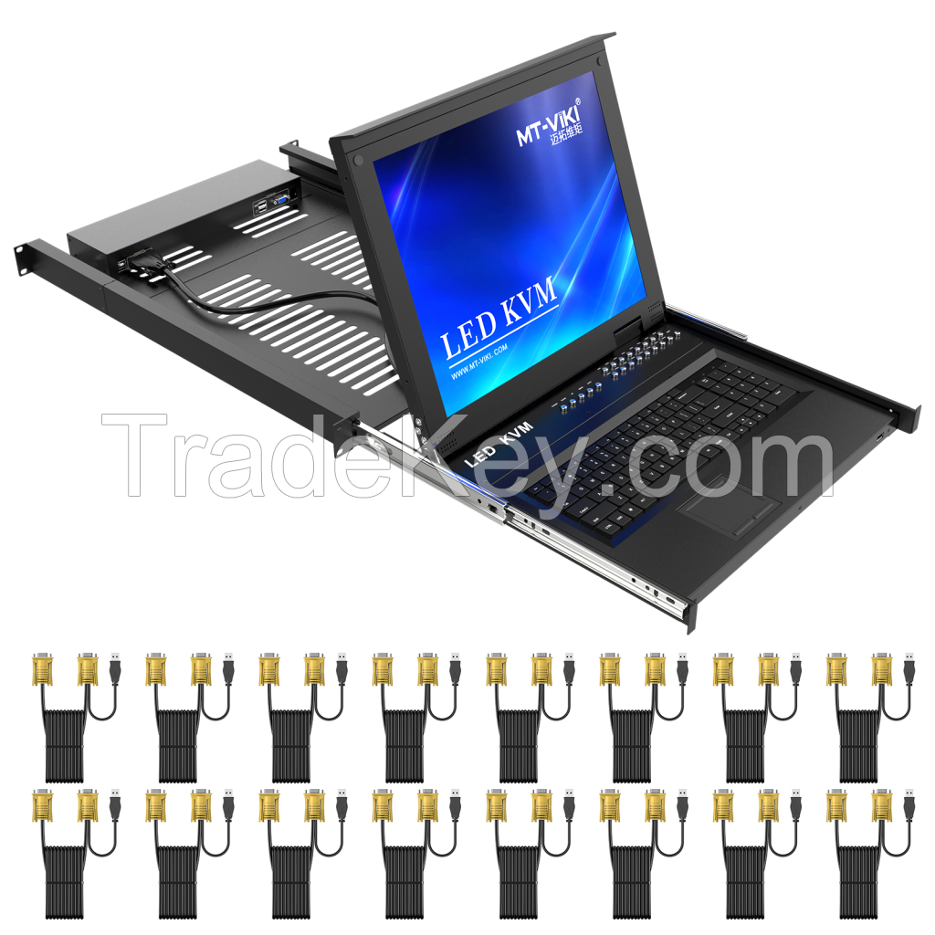 17" LCD KVM Switch 16 Port VGA, MT-VIKI 1280*1024 Rackmount KVM Drawer for 19" 1U Rack + 16-pack Cables, 17 Inch LED KVM Console