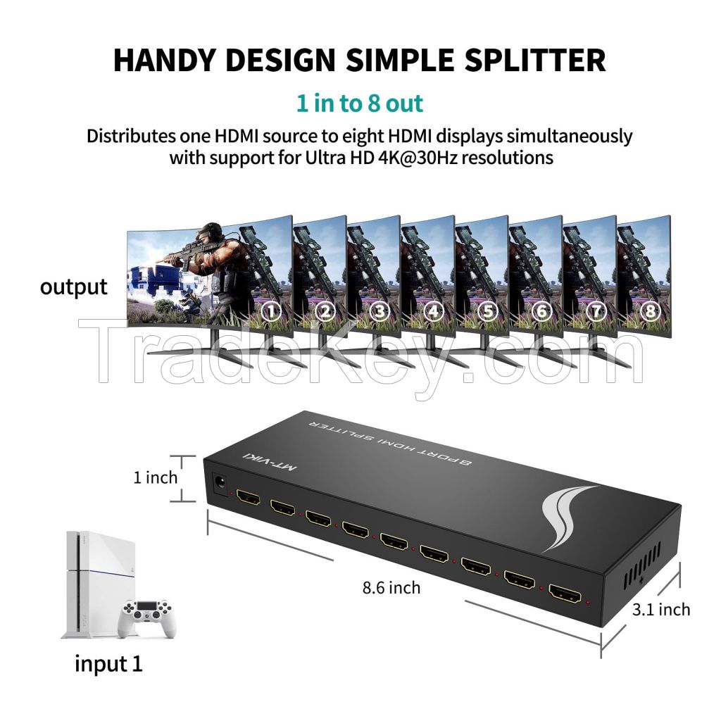 4K 30HZ HDMI Splitter 1 in 8 Out 1x8 ,  MT-VIKI 1x8 1 Computer 8 Monitor + Power Adapter HDMI Splitter