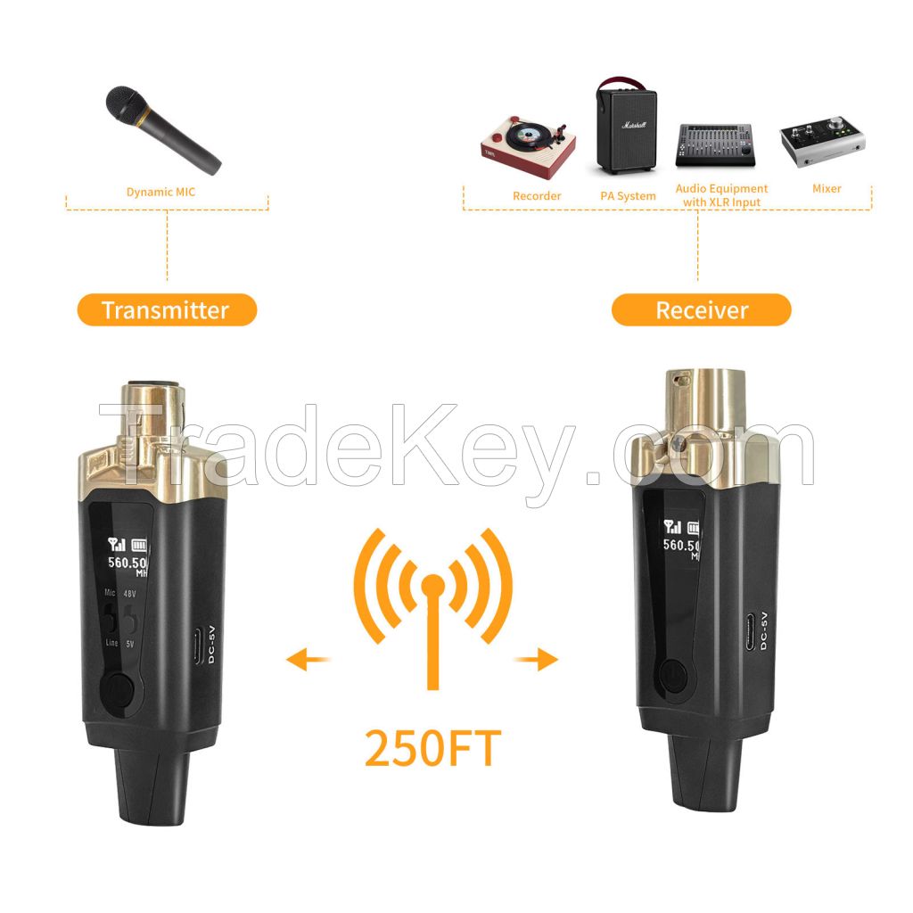Wireless XLR Microphone Transmitter and Receiver 250ft, UHF Wireless Microphone System