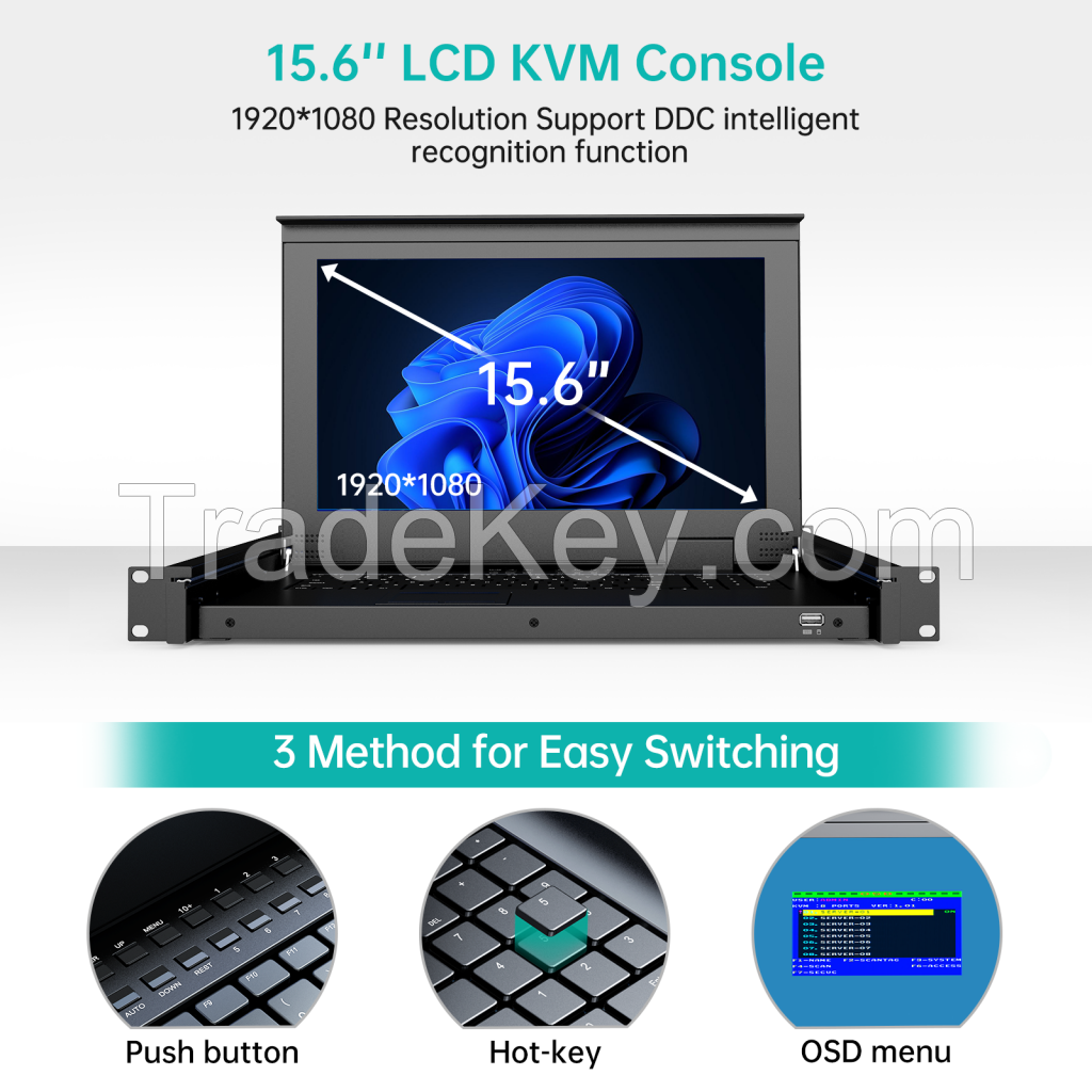 15.6" LCD KVM Switch 16 Port VGA + 16 Cables, MT-VIKI 15.6 Inch 1U Rackmount LCD KVM Switch Drawer Console 16x1